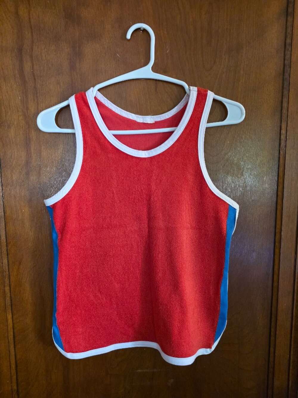 Vintage 70s 80s Red Terrycloth Ringer Tank Top | Piping Blue Yellow Stripes
